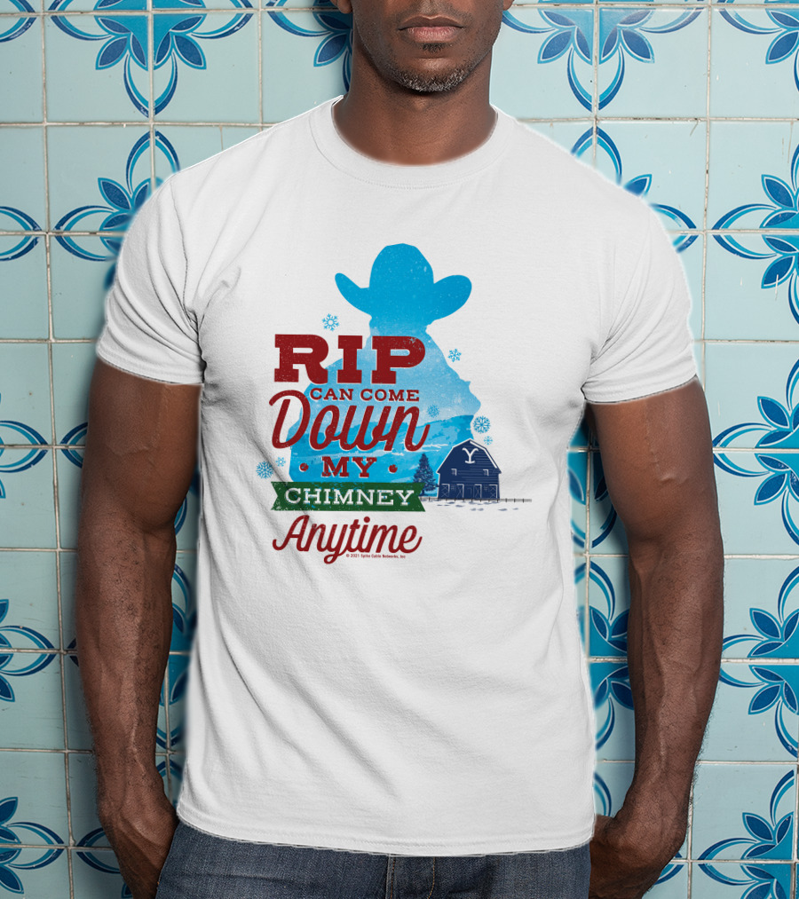Rip Can Come Down My Chimney Anytime Blue Cowboy Silhouette Snowflakes Barn T-Shirt
