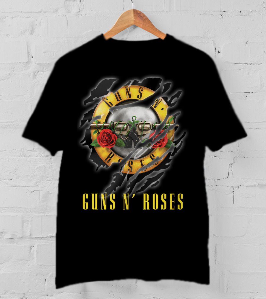 Guns N' Roses Logo With Pistols And Red Roses On Black T-Shirt