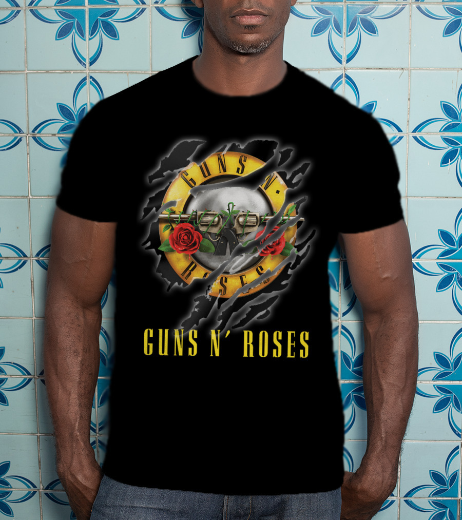 Guns N' Roses Logo With Pistols And Red Roses On Black T-Shirt