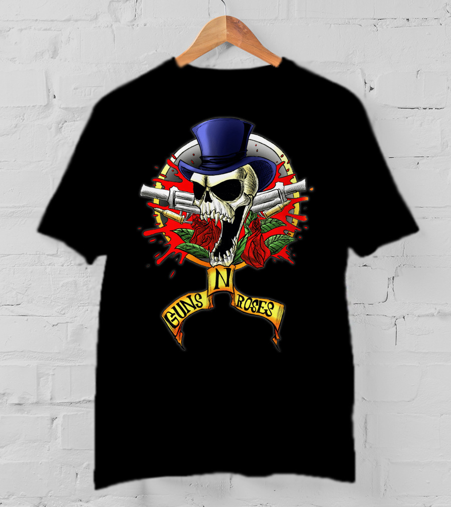 Guns N' Roses Skull With Top Hat Crossed Pistols And Red Roses T-Shirt