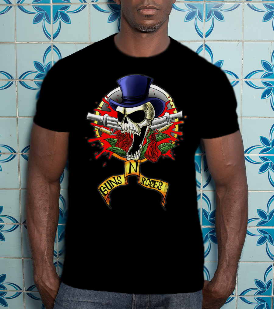 Guns N' Roses Skull With Top Hat Crossed Pistols And Red Roses T-Shirt