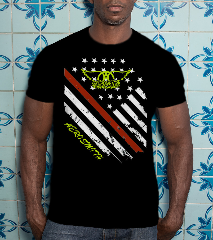 Aerosmith Logo With American Flag And Guitar Stripe T-Shirt