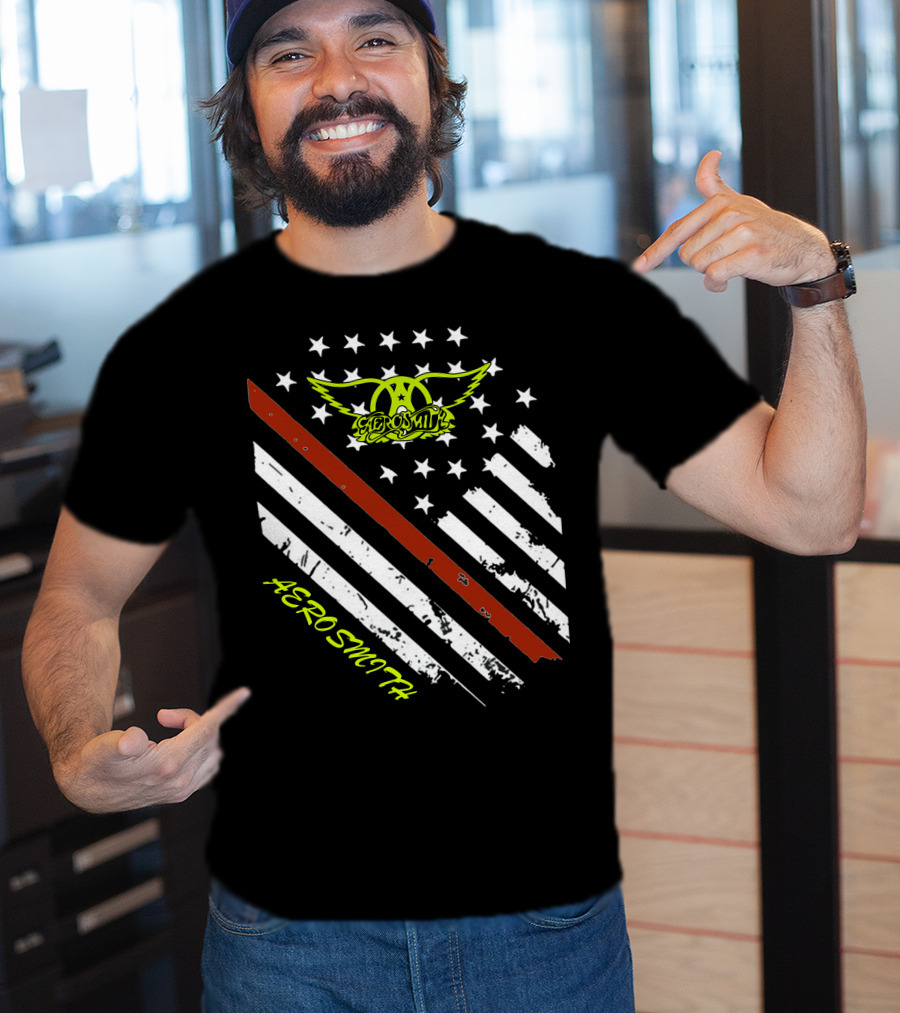 Aerosmith Logo With American Flag And Guitar Stripe T-Shirt