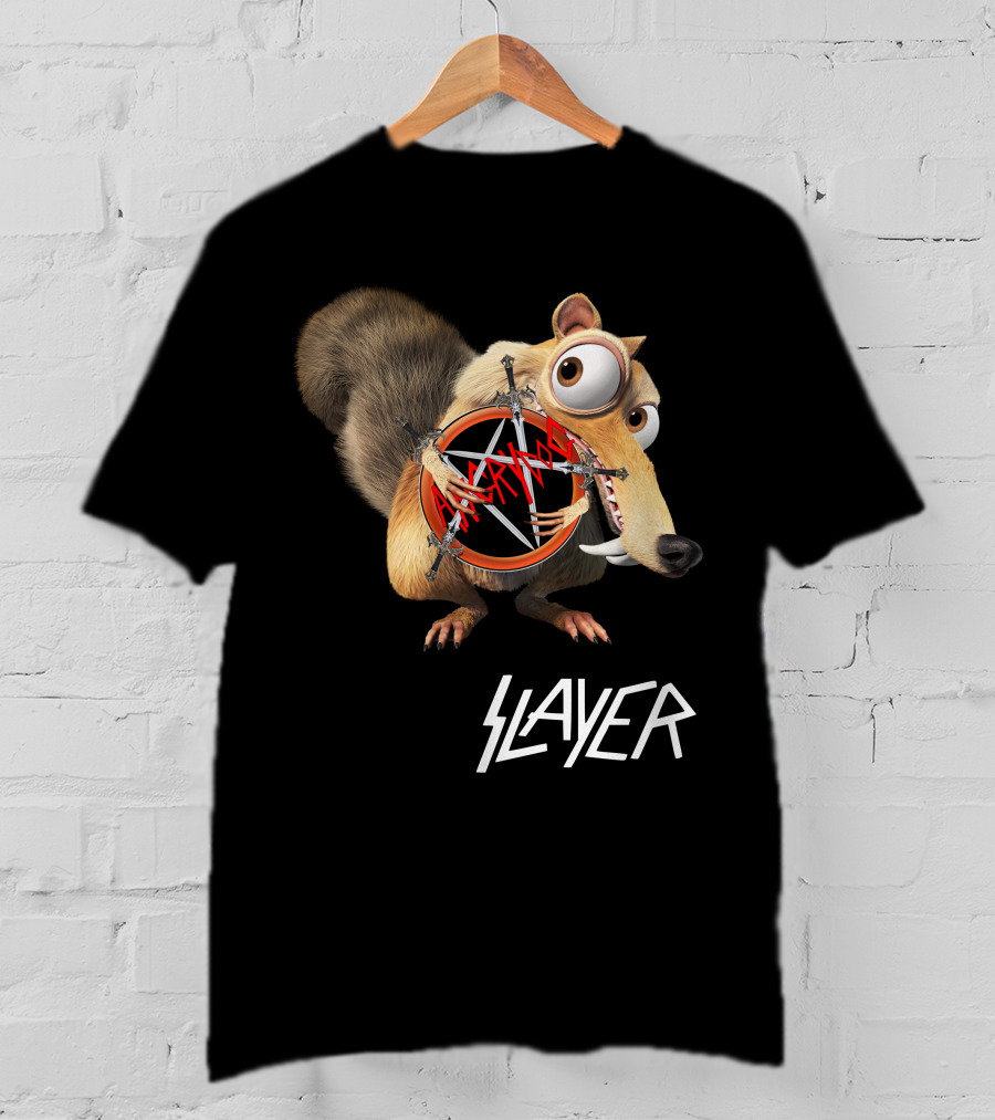 Scrat Holding Slayer Logo Pentagram Slayer T-Shirt