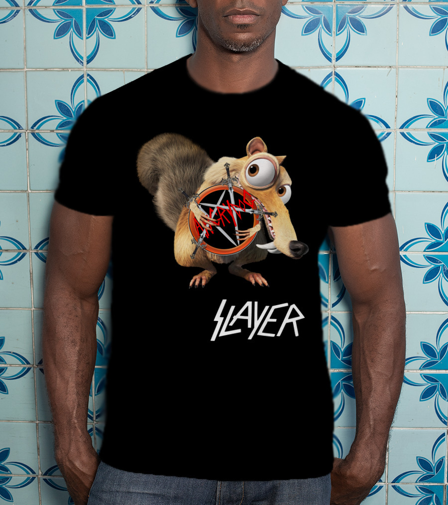Scrat Holding Slayer Logo Pentagram Slayer T-Shirt