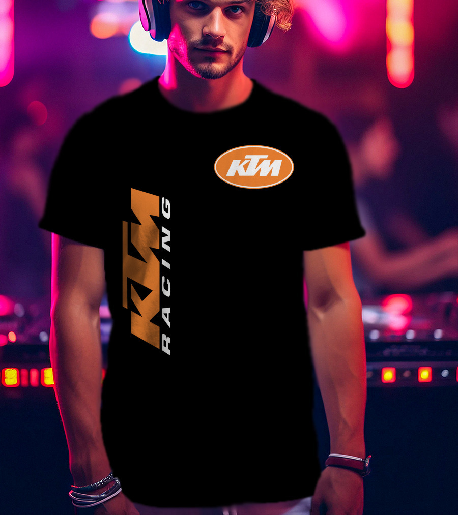Ktm Racing Logo And Badge On Black T-Shirt