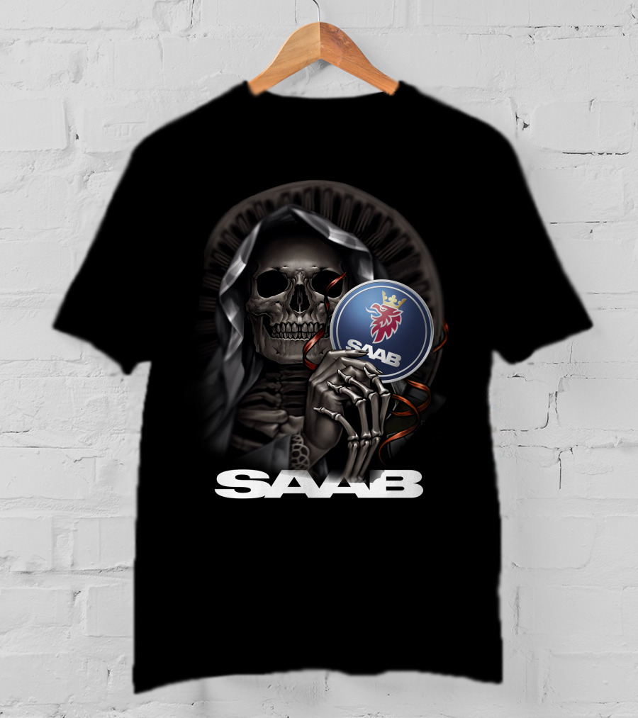 Saab Skull Holding Emblem With Hooded Figure And Crowned Griffin T-Shirt