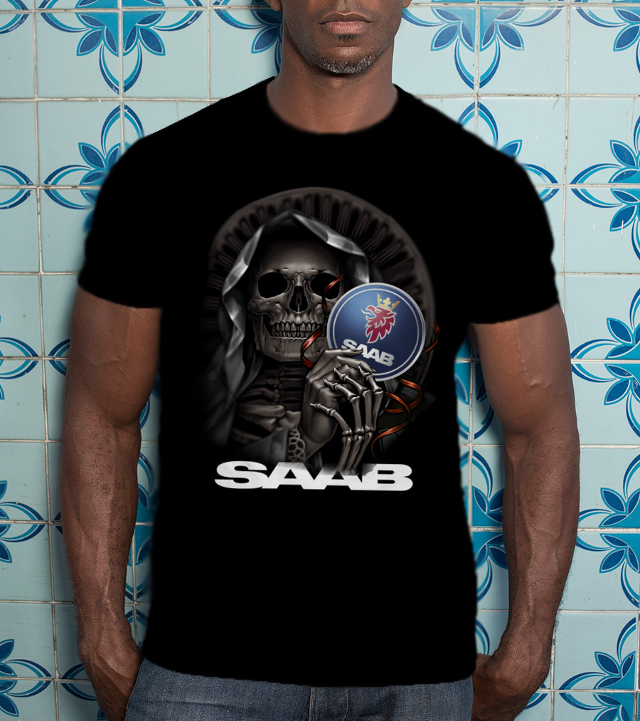 Saab Skull Holding Emblem With Hooded Figure And Crowned Griffin T-Shirt