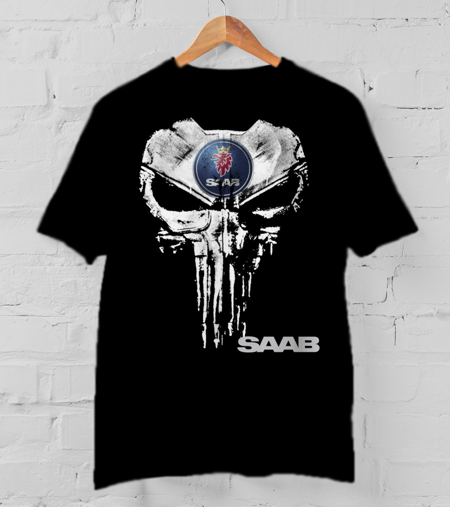 Saab Logo With Punisher Skull Motif T-Shirt