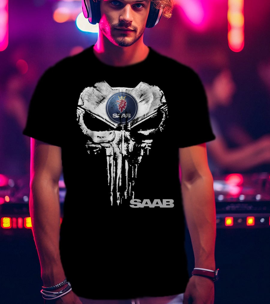 Saab Logo With Punisher Skull Motif T-Shirt