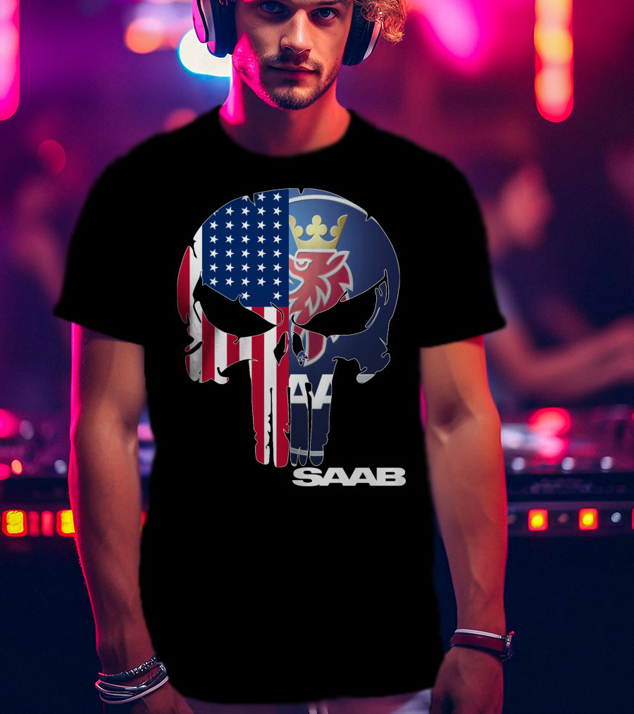 Saab American Flag Punisher Skull T-Shirt