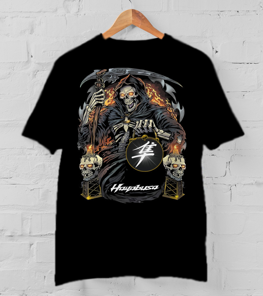 Hayabusa Grim Reaper With Fiery Skulls And Kanji Symbol T-Shirt