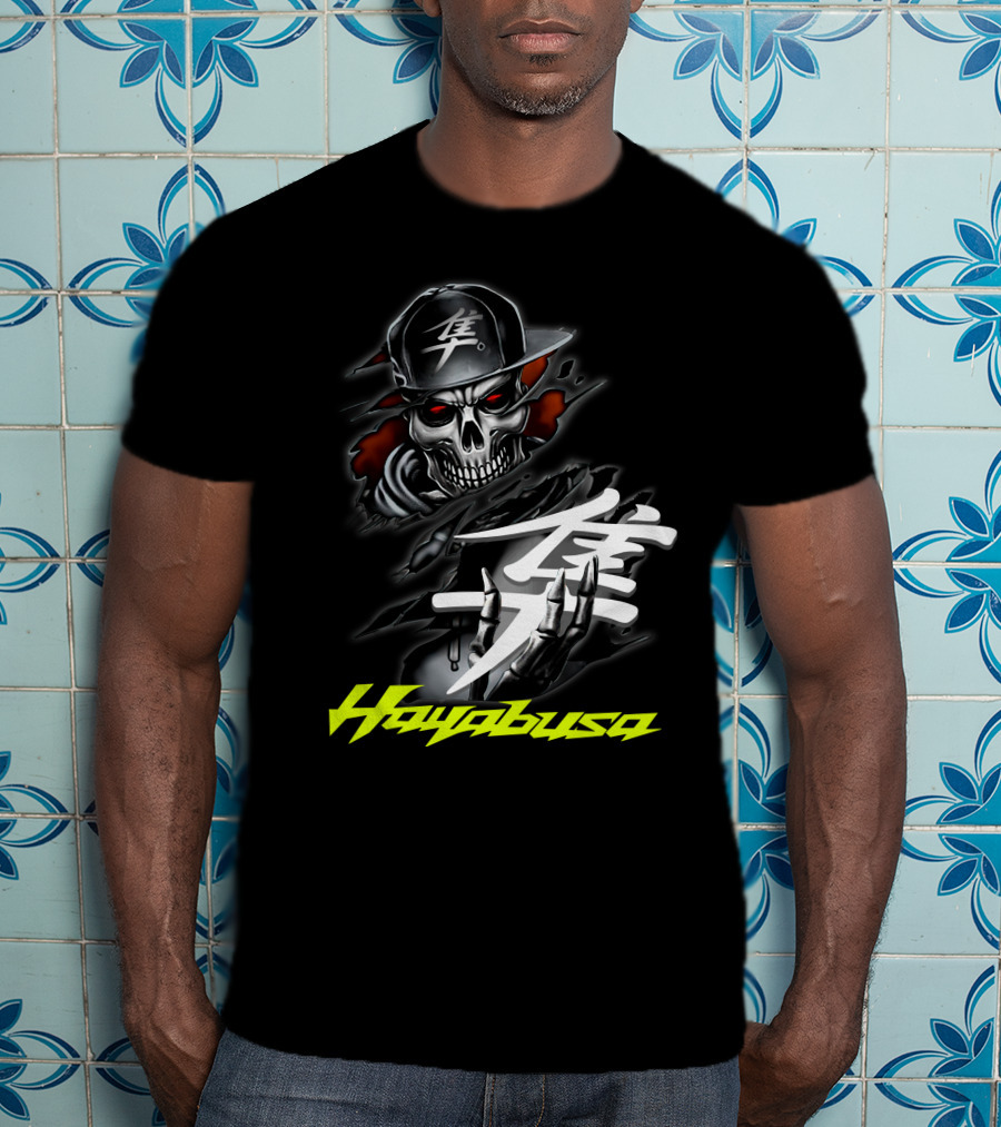 Hayabusa Skeleton In Cap With Kanji Symbol And Claws T-Shirt