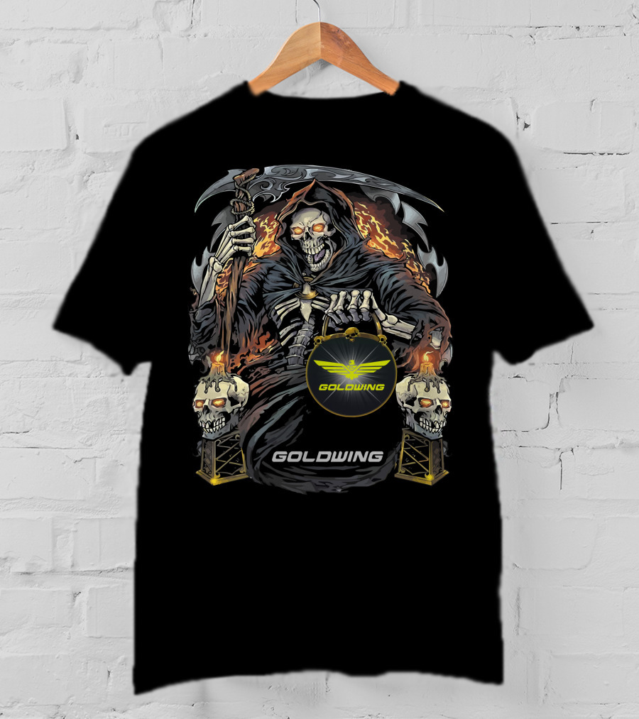 Goldwing Grim Reaper Holding Lantern With Flaming Skulls T-Shirt