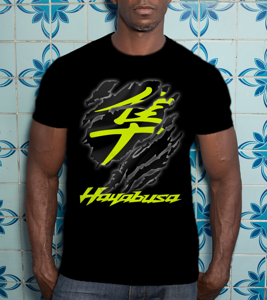 Hayabusa 07 Yellow Kanji Torn Black T-Shirt