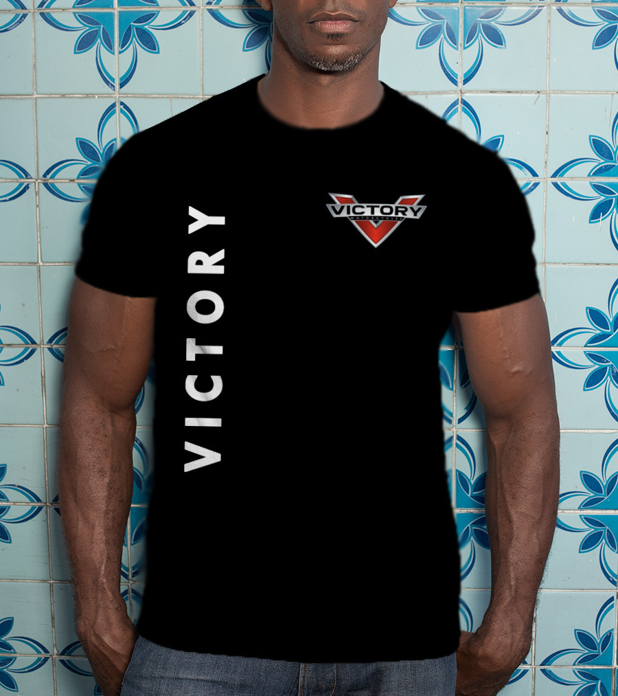 Victory Motorcycles Logo And Vertical Text Layout T-Shirt