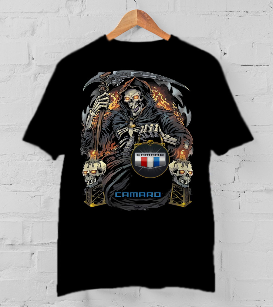 Camaro Flaming Reaper With Skull Torches T-Shirt