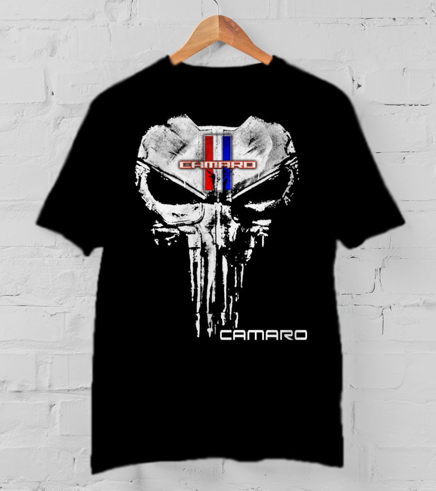 Camaro Punisher Skull Logo Red Blue Black T-Shirt