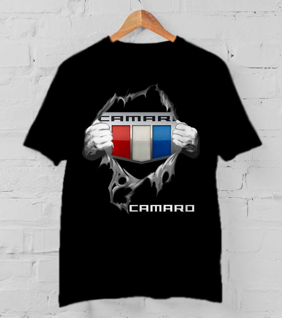 Camaro Emblem With Red White Blue Stripes And Ripped Skin Effect T-Shirt