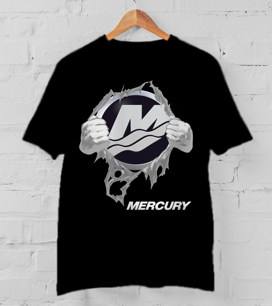 Mercury Boats Logo With Hands Ripping Through Black T-Shirt