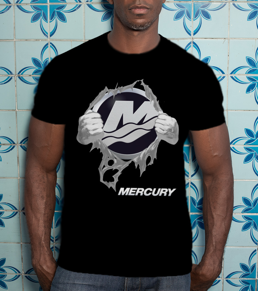 Mercury Boats Logo With Hands Ripping Through Black T-Shirt
