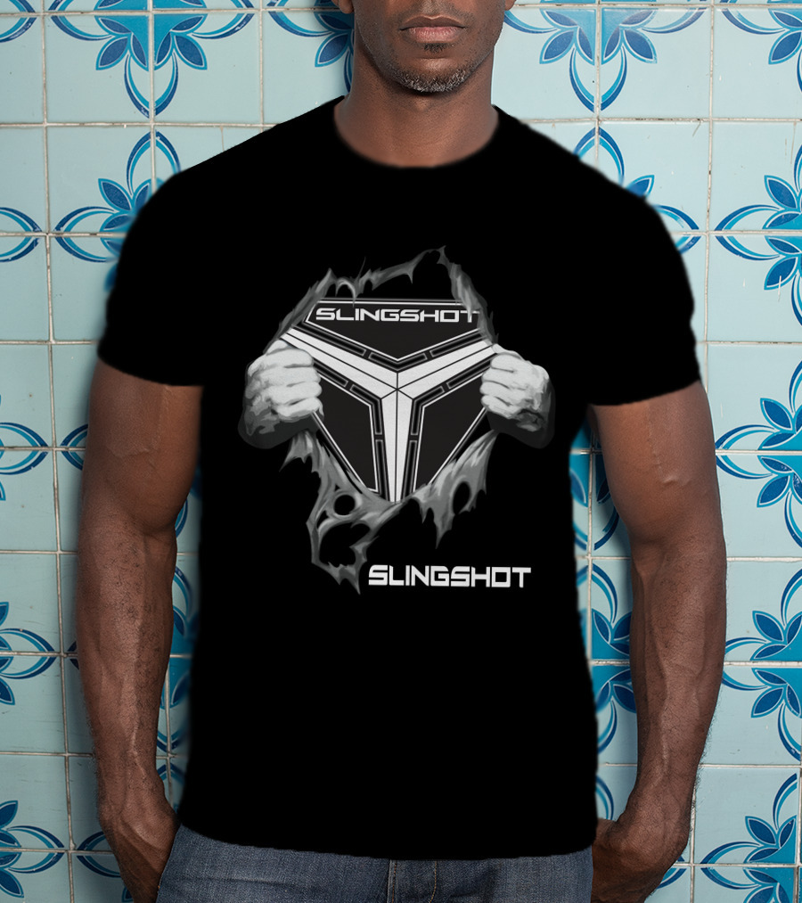Slingshot Emblem With Hands Pulling Away Black T-Shirt