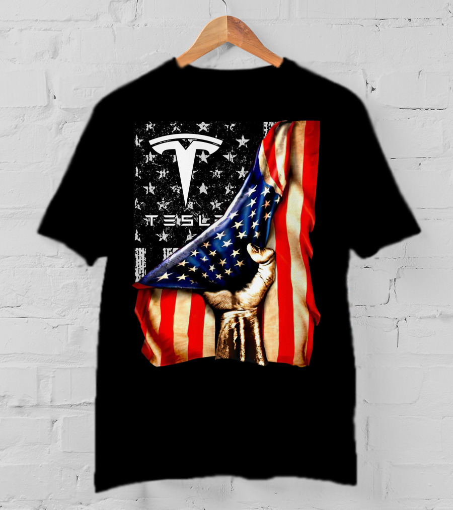 Tesla Logo American Flag Hand Folded Stars Stripes Vintage Style T-Shirt