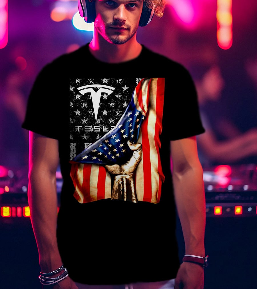 Tesla Logo American Flag Hand Folded Stars Stripes Vintage Style T-Shirt
