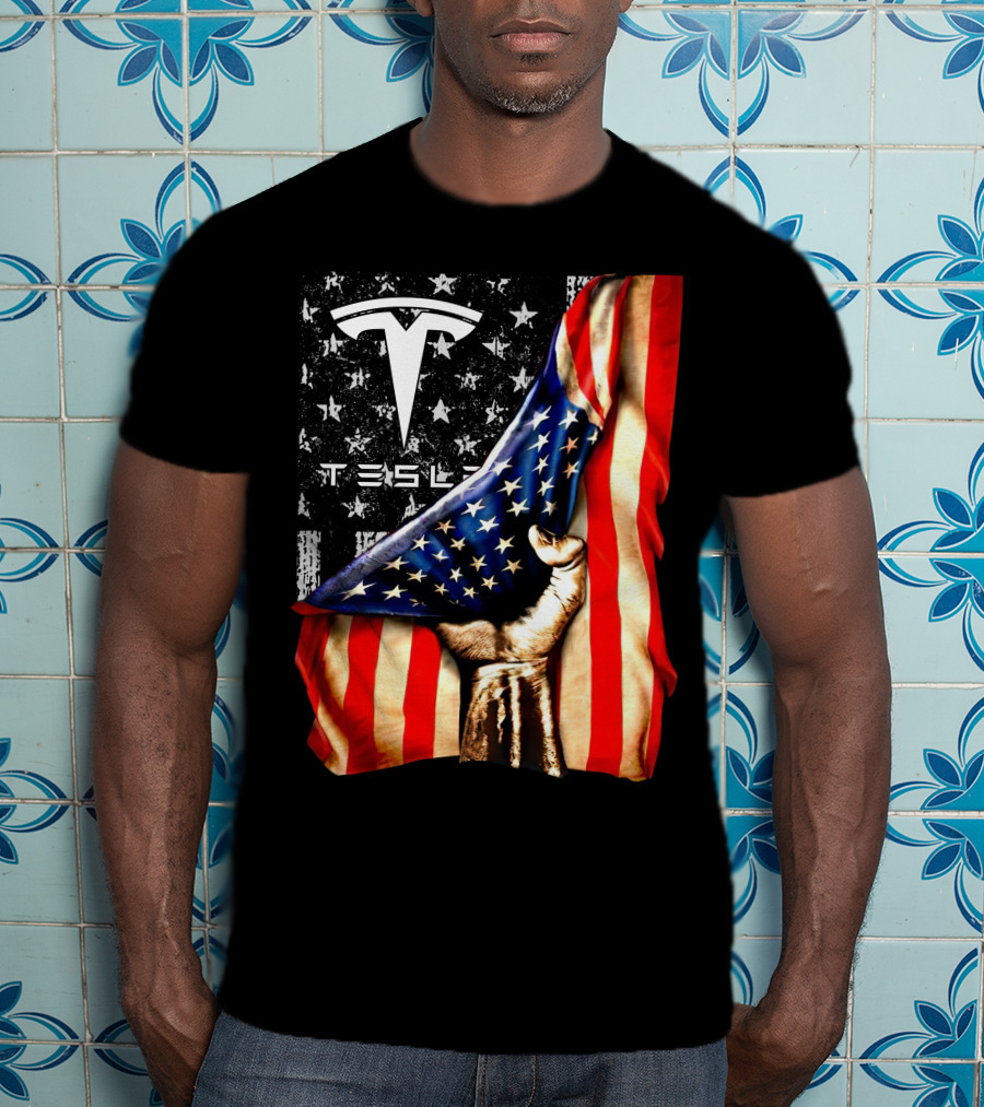 Tesla Logo American Flag Hand Folded Stars Stripes Vintage Style T-Shirt