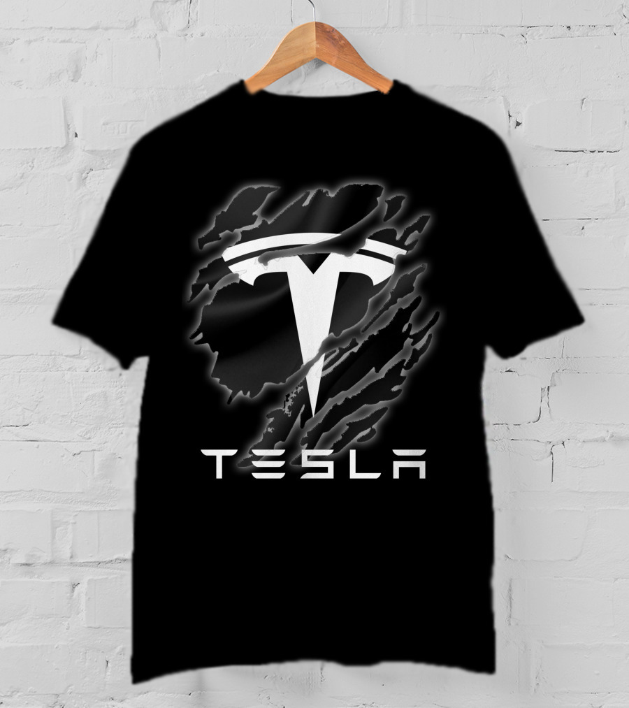 Tesla Logo With Ripped Design Effect In Black And White T-Shirt