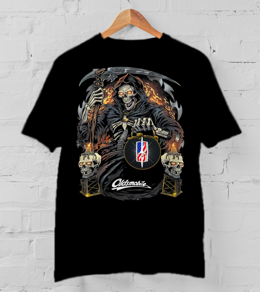 Oldsmobile Skull And Grim Reaper With Flaming American Flag T-Shirt