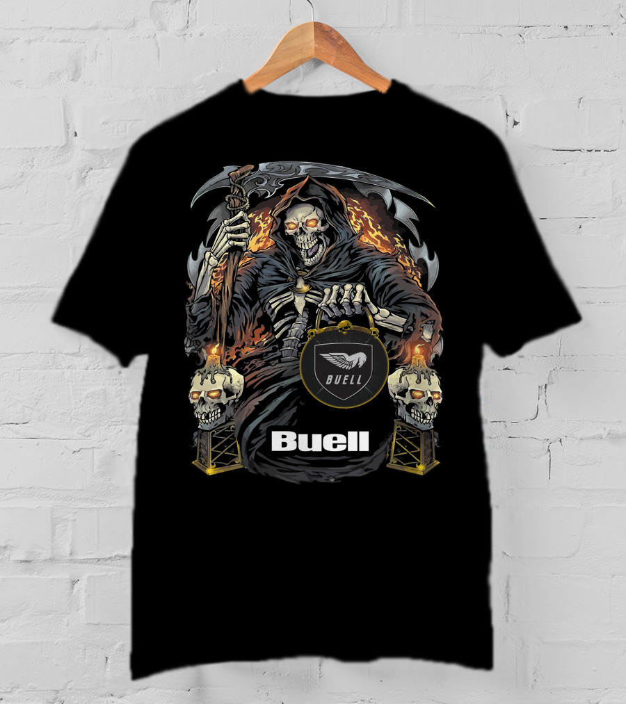 Buell Grim Reaper Motorcycle Skeleton With Scythe And Flaming Skulls T-Shirt