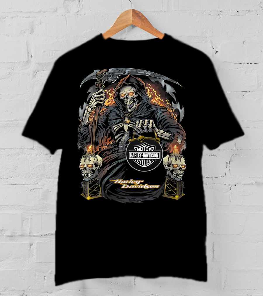 Harley Davidson Grim Reaper With Flaming Skull Torches T-Shirt