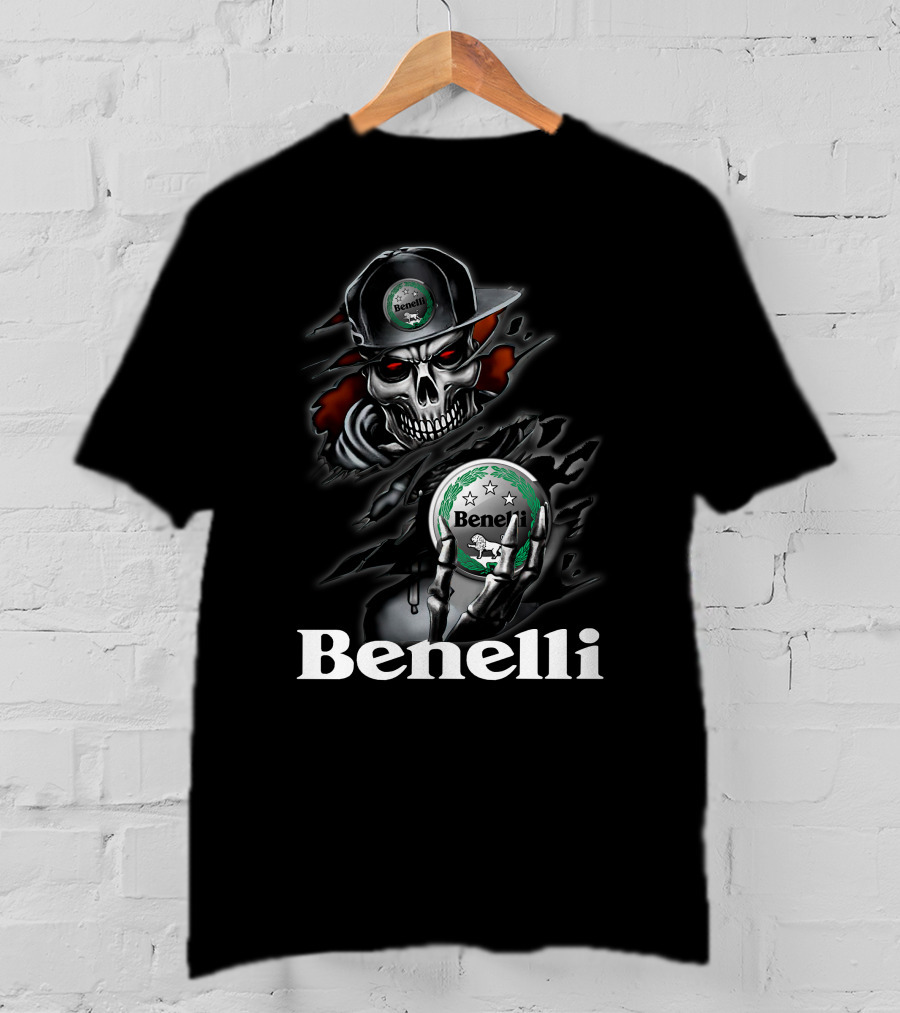 Benelli Skull Holding Logo Emblem With Stars And Badge In Dark Theme T-Shirt