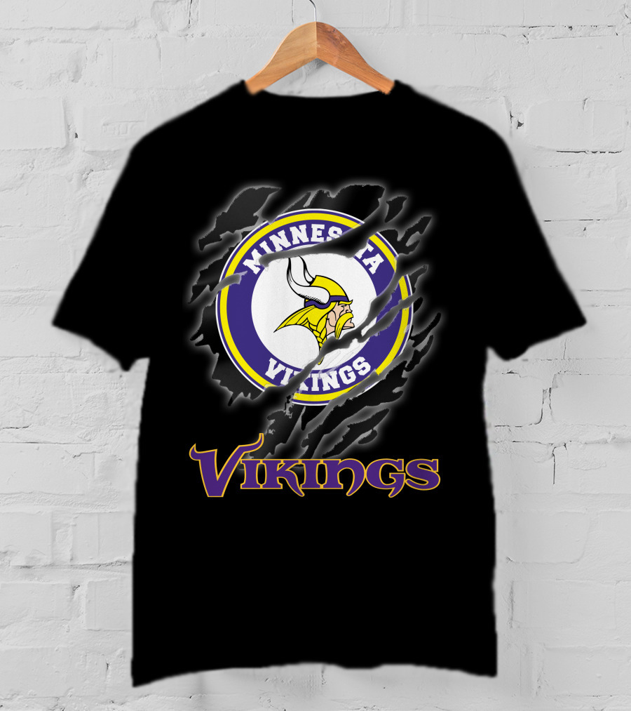 Minnesota Vikings Ripped Logo Design Featuring Iconic Viking Helmet And Horns T-Shirt