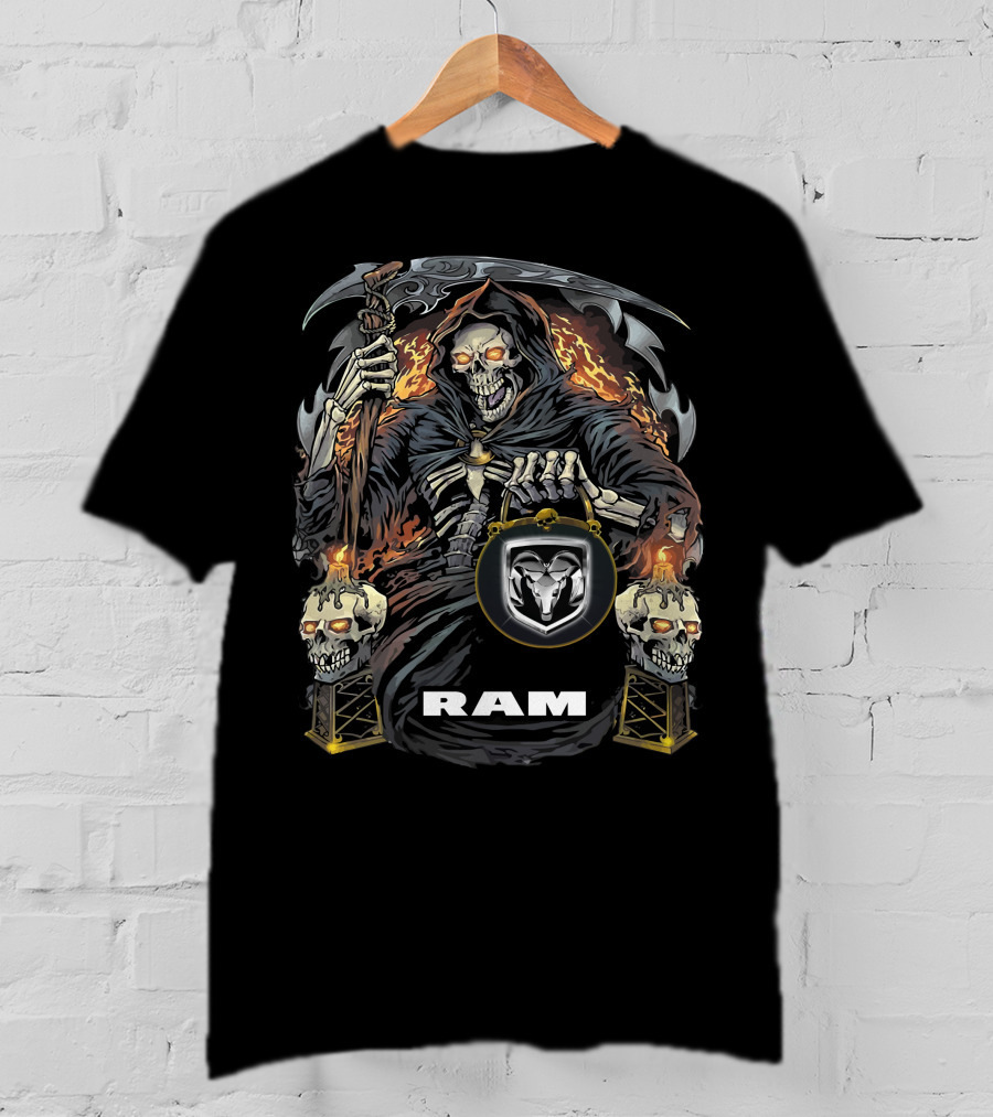 Ram Grim Reaper Skull Flames T-Shirt