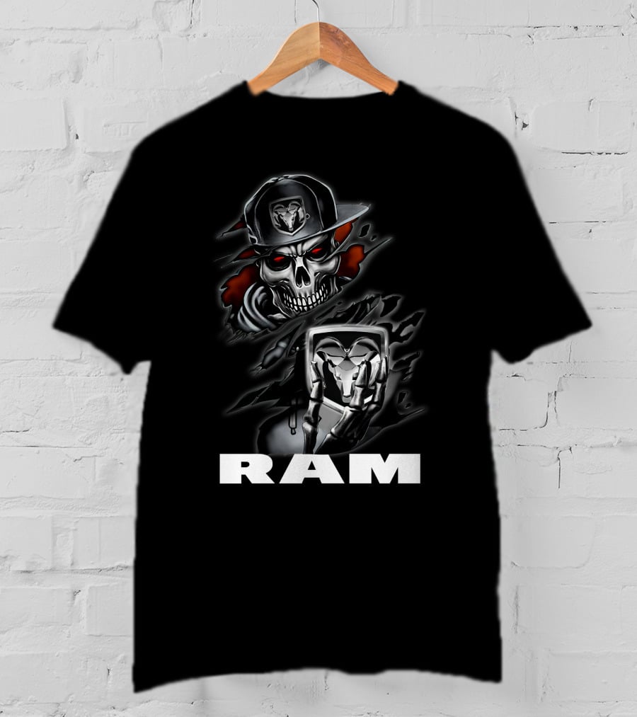 Ram Skull Skeleton With Baseball Cap And Glowing Red Eyes T-Shirt