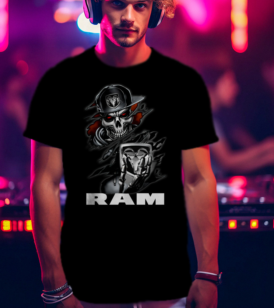 Ram Skull Skeleton With Baseball Cap And Glowing Red Eyes T-Shirt