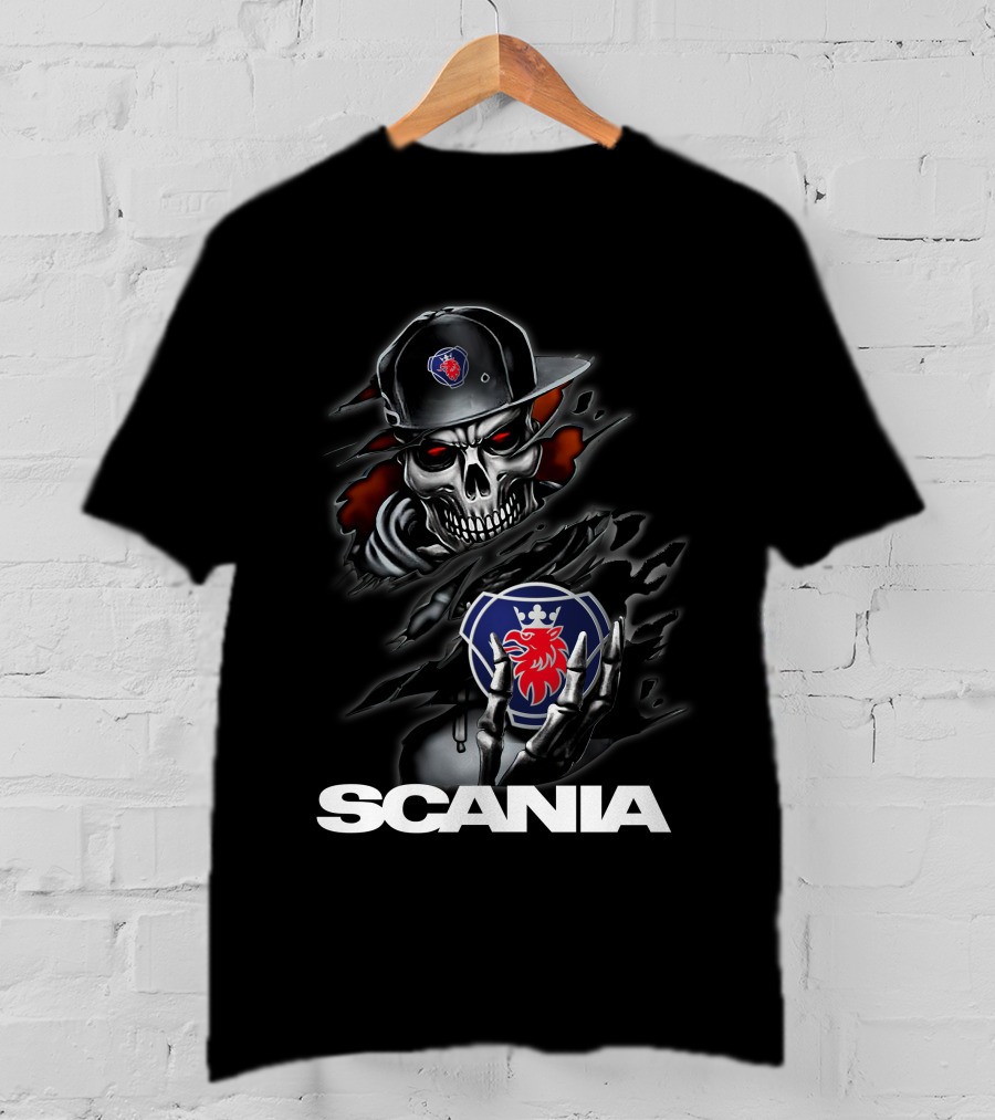 Scania Skull Emblem With Cap And Red-Eyed Skeleton T-Shirt