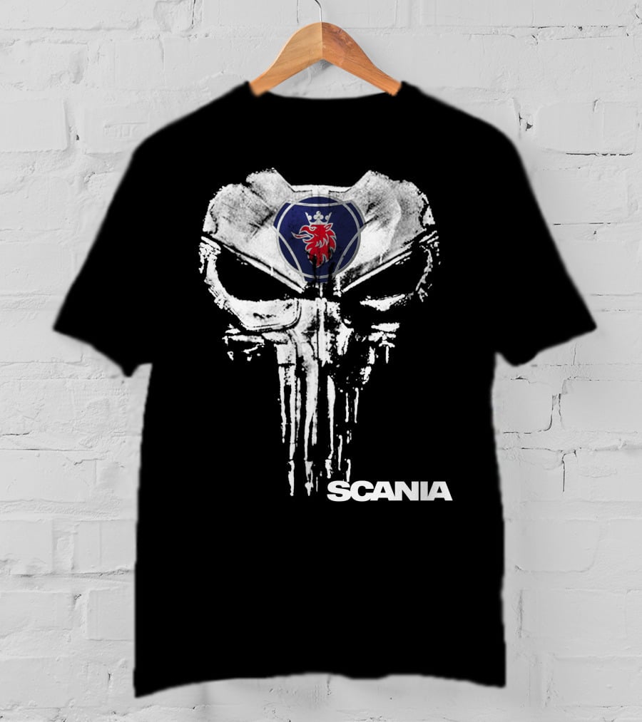 Scania Punisher Logo With Grunge Skull And Red Griffin T-Shirt