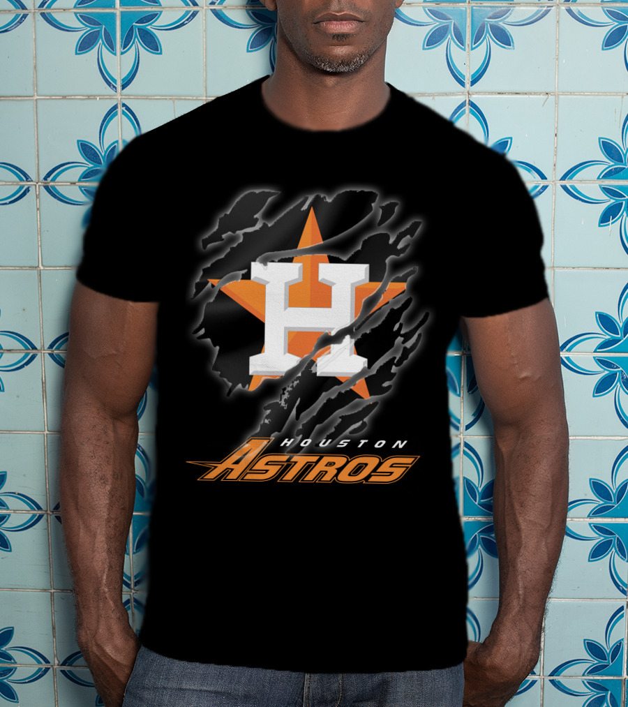 Houston Astros Logo With Orange Star And Dynamic Ripped Effect T-Shirt
