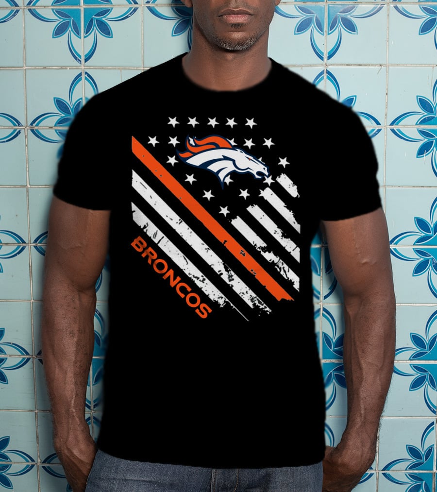 Broncos Logo With Stars And Stripes In Orange And White T-Shirt