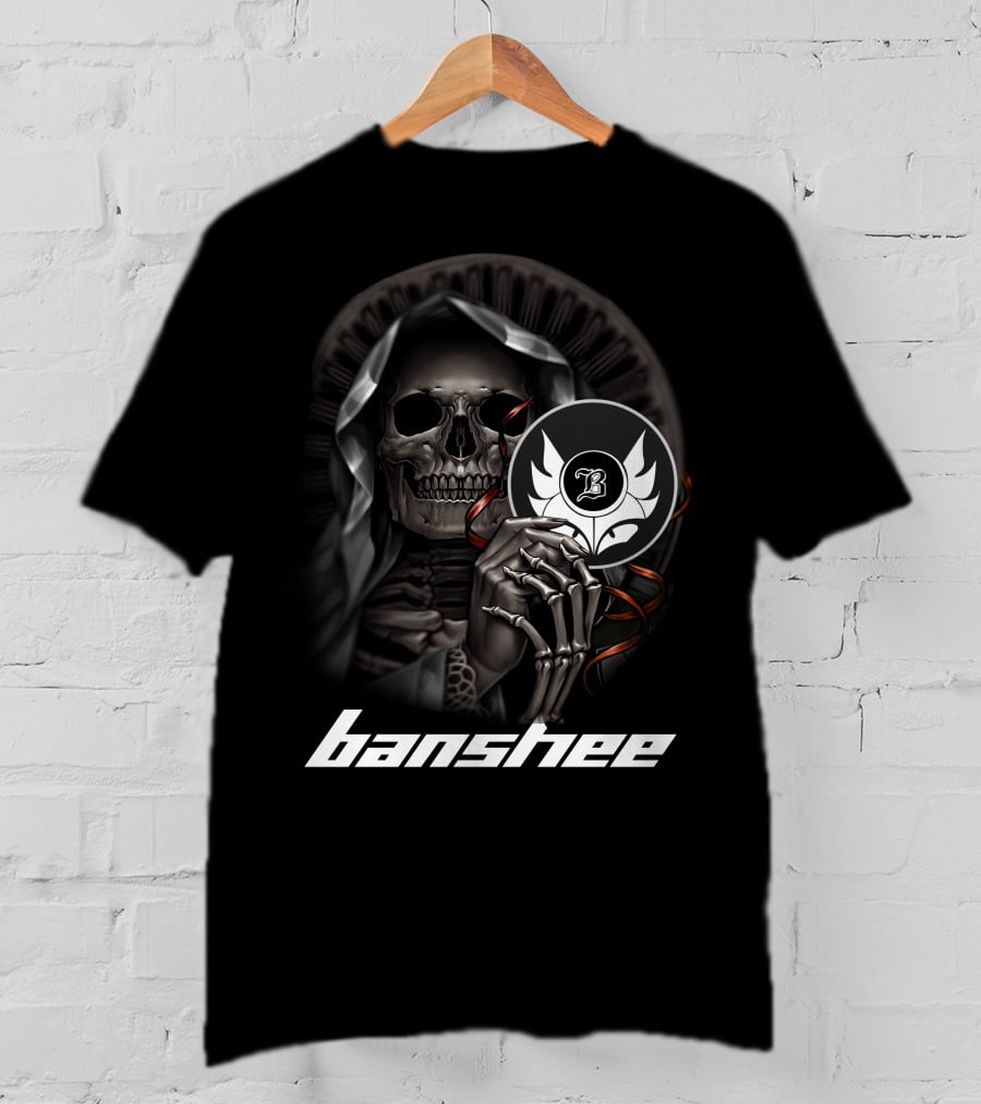 Banshee Skeleton Holding Emblem With Hooded Cloak And Stylized T-Shirt