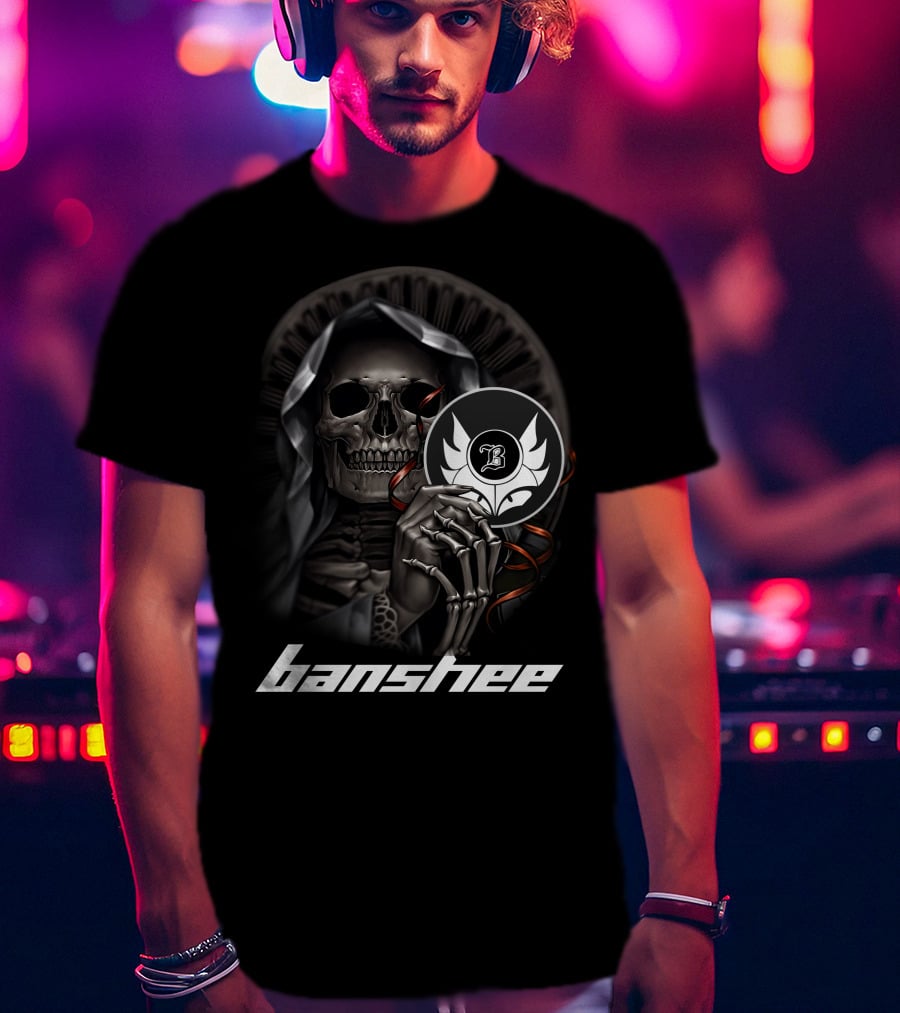 Banshee Skeleton Holding Emblem With Hooded Cloak And Stylized T-Shirt