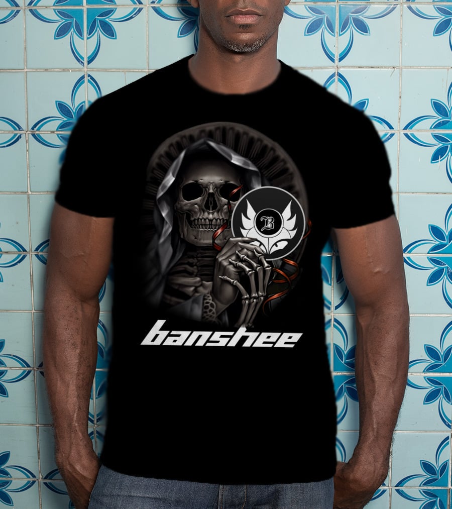 Banshee Skeleton Holding Emblem With Hooded Cloak And Stylized T-Shirt
