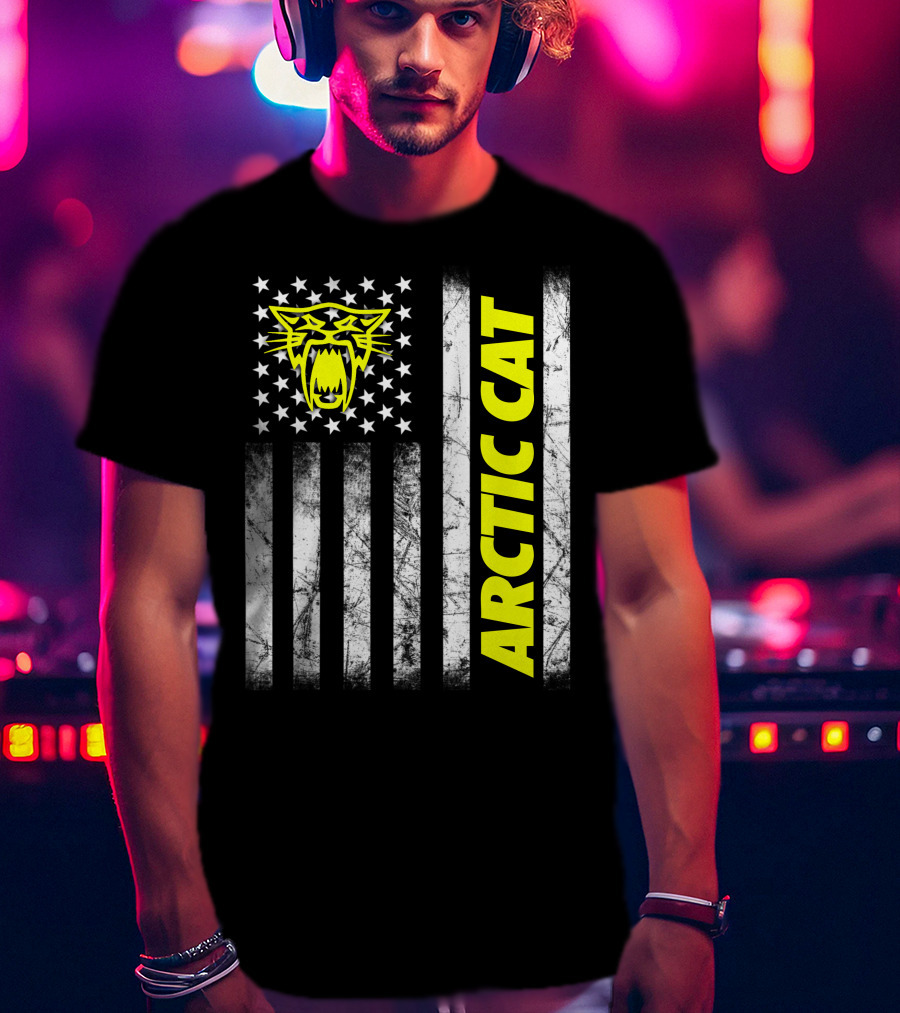 Arctic Cat Yellow Logo With American Flag Stripes And Stars T-Shirt