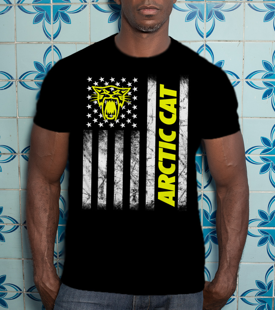 Arctic Cat Yellow Logo With American Flag Stripes And Stars T-Shirt