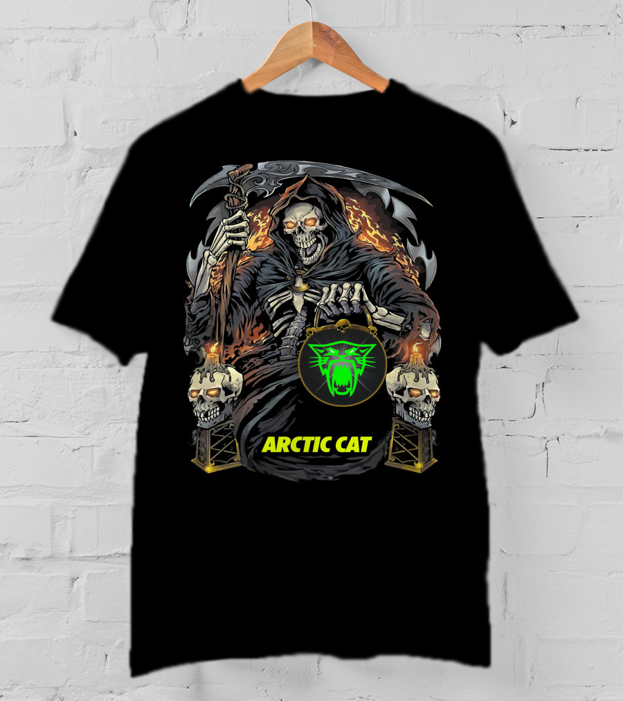 Arctic Cat Grim Reaper Skeleton Holding Scythe And Neon Green Cat T-Shirt