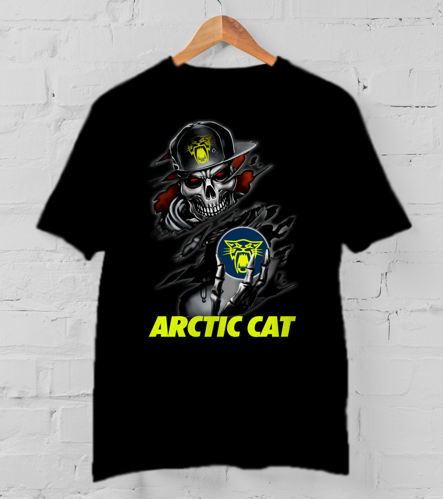 Arctic Cat Skull Skeleton With Hat Holding T-Shirt