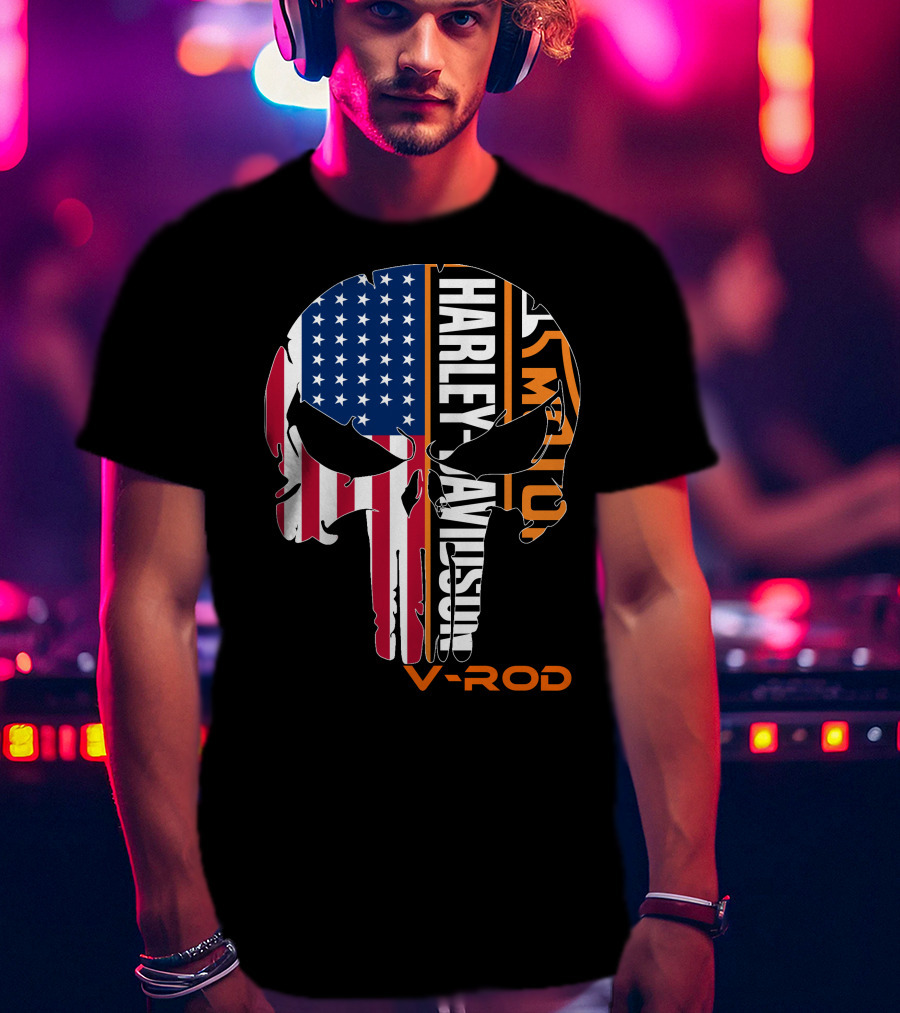 V-Rod Harley Davidson American Flag Skull T-Shirt